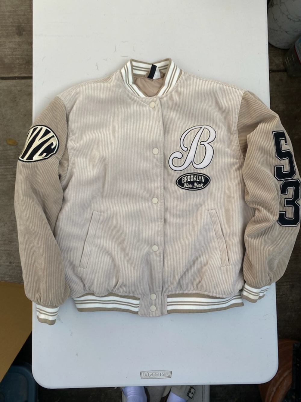 Divided Beige & Cream Varsity Jacket with Patches